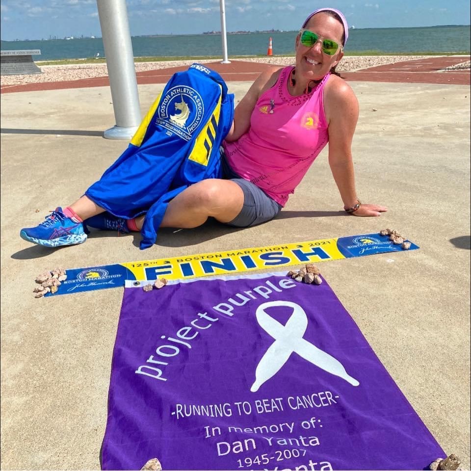 Project Purple runner after finishing the Boston Marathon Vritually in 2020