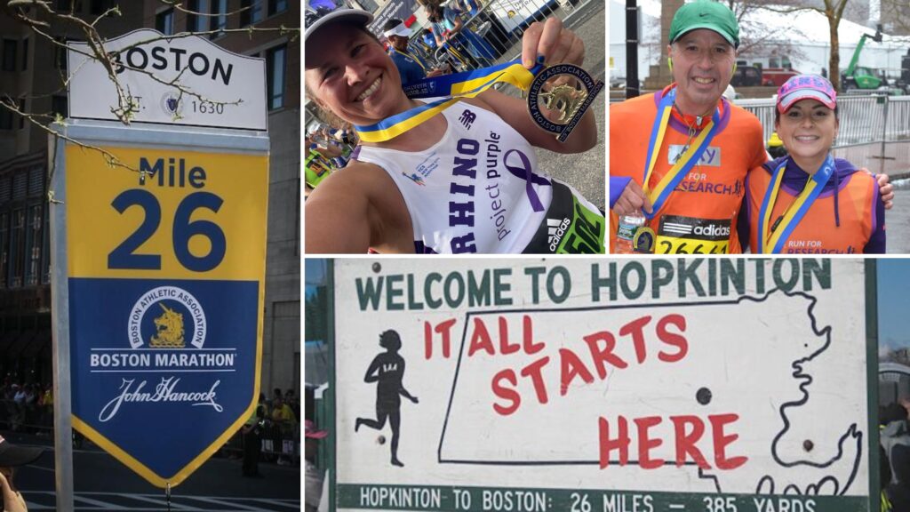 collage featuring: Boston sign that says Mile 26 with the Boston Marathon logo, a runner with a Boston Marathon medal and Project Purple singlet, a runner with her dad both displaying bosotn marathon medals, sign that says "Welcome to Hopkinton. It all starts here."